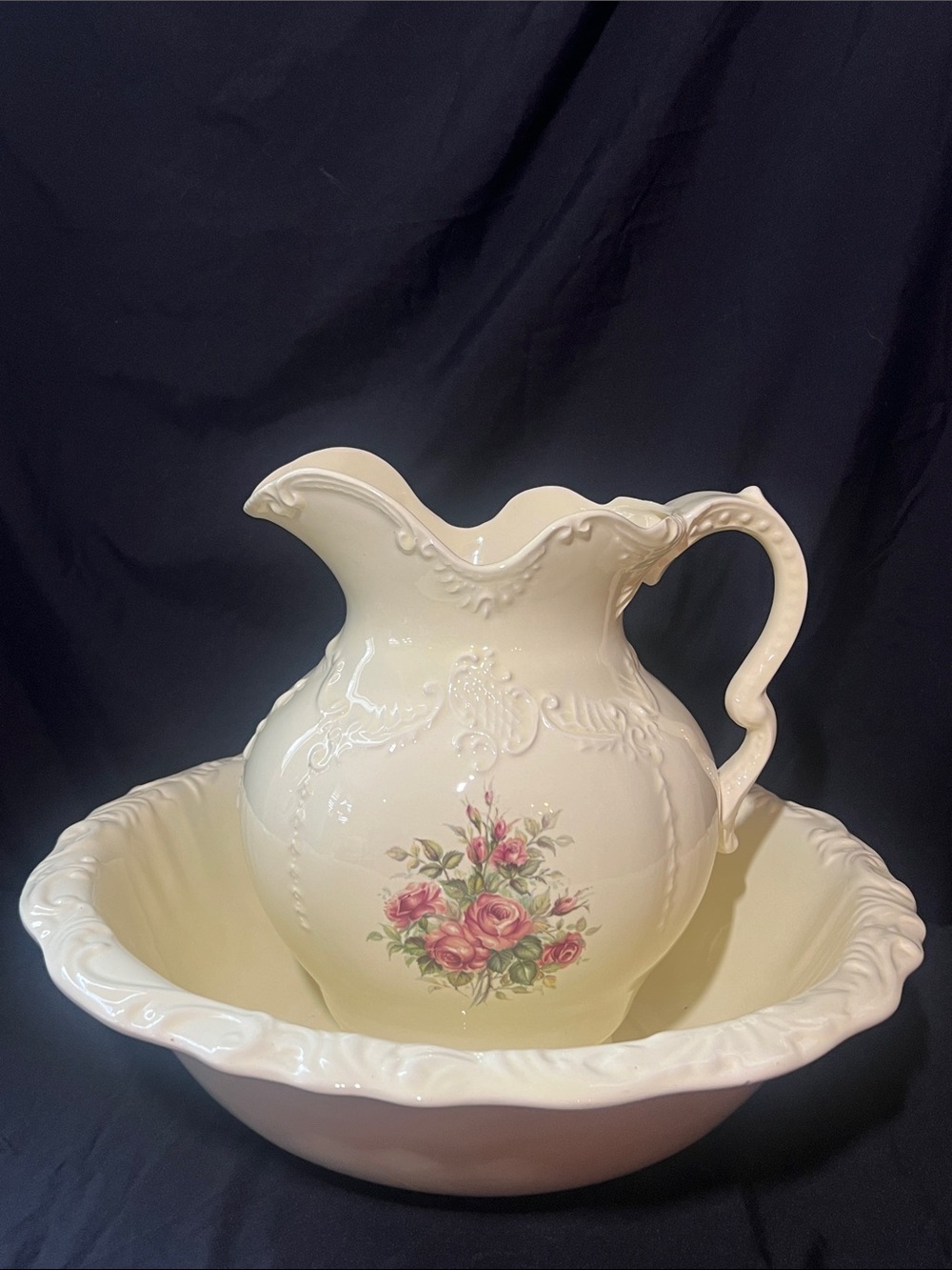Vintage Pink Rose Victorian water pitcher and basin.